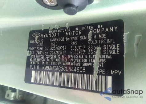 2012 Hyundai Tucson Gls from USA, damaged, VIN KM8JUCAC3CU544908